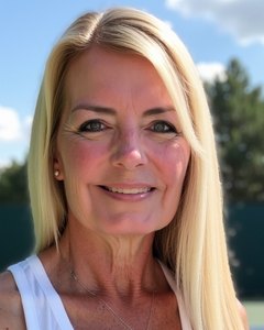 Angela, smiling outside on a sunny day