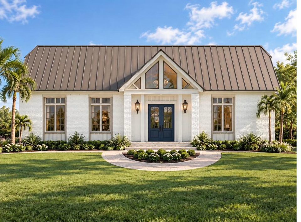 Conceptual rendering of the Gulf Beach Racquet Club clubhouse: white brick, a navy double front door, a standing-seam metal roof with a glass gable, and palms along the front walk.