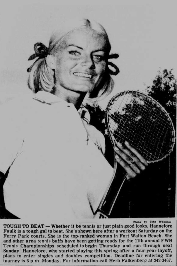 Newspaper clipping titled Tough to Beat: a photo of Hannelore Faulk smiling and holding her tennis racquet. The caption calls her the top-ranked woman in Fort Walton Beach and says she was getting ready for the Fort Walton Beach Tennis Championships.